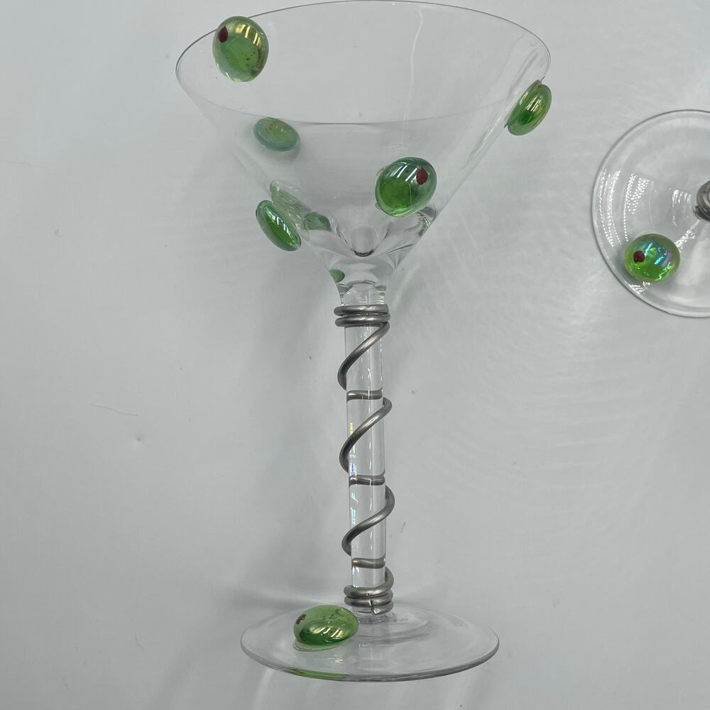 Set of 2 Wire Wrapped Martini Glasses Drinkware with Glass Olives Barware - Picture 3 of 7